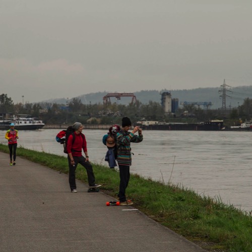 three friends longboarding the Danube cycling path