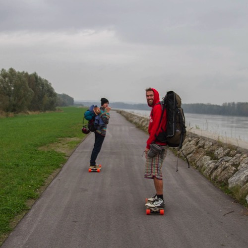 three friends longboarding the Danube cycling path